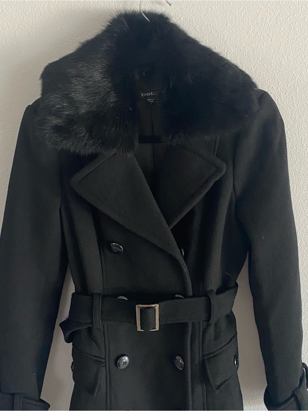 bebe Black Double-Breasted Trench Coat with Faux Fur Collar - Picture 2 of 9